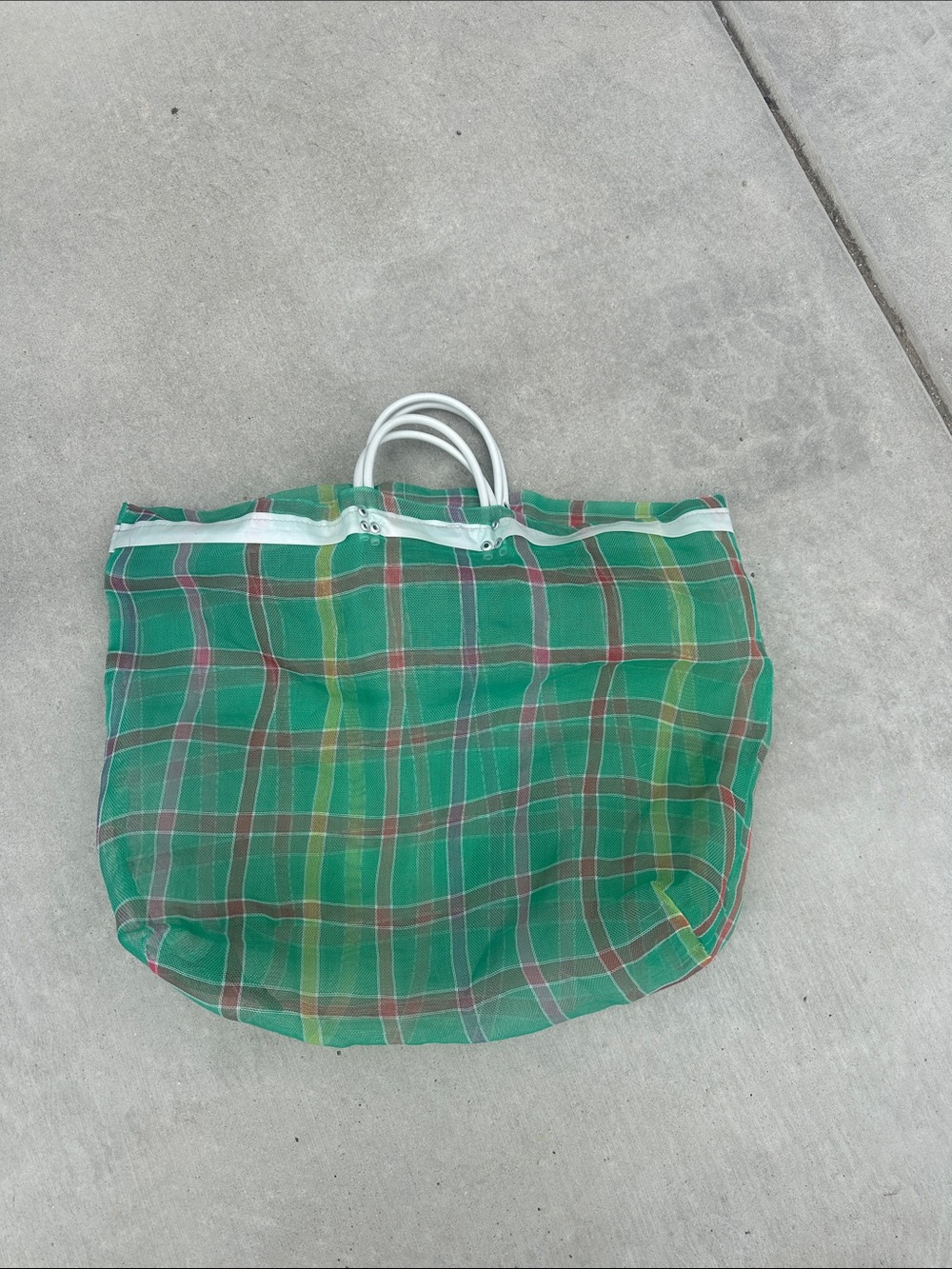 Green Plaid Tote Bag with White Handles